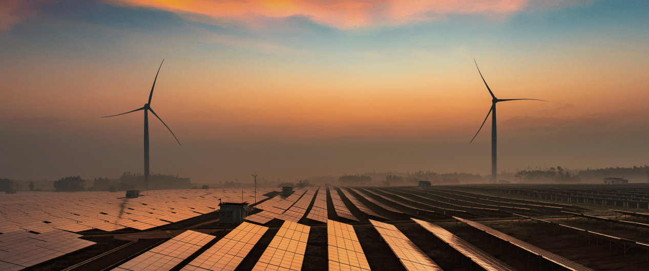 a field of solar panels and wind turbines