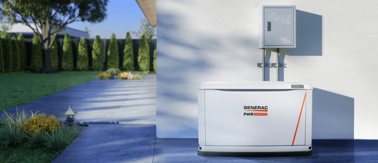 Generac generator next to a wall outside a house
