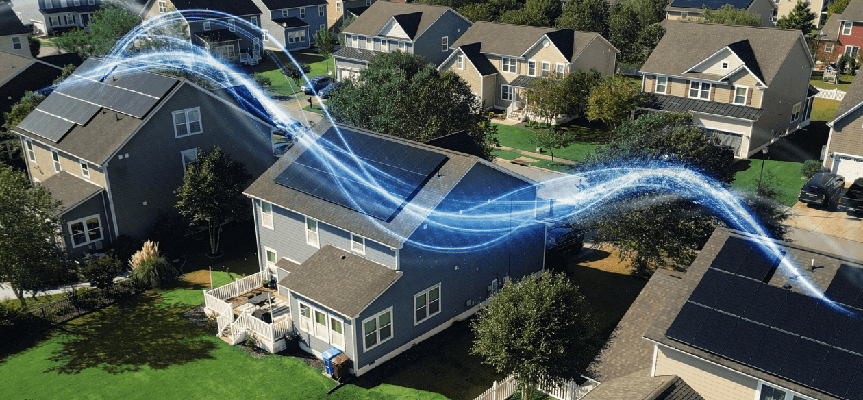 Two houses participate in net metering where they send solar power to the grid in exchange for electric bill credits
